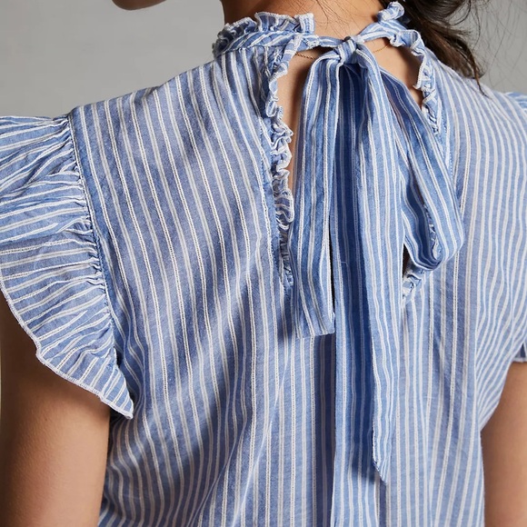 By Anthropologie Uli Ruffled Blouse blue white stripe back tie size large - Picture 2 of 7